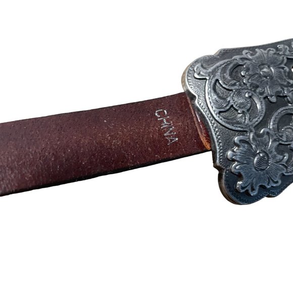 Distressed Italian Leather Western Belt Tooled Metal Buckle Women L Brown main image 5